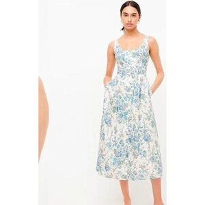 J Crew Womens Dress Sz 24 Blue White English Garden Floral Smocked Midi Cotton